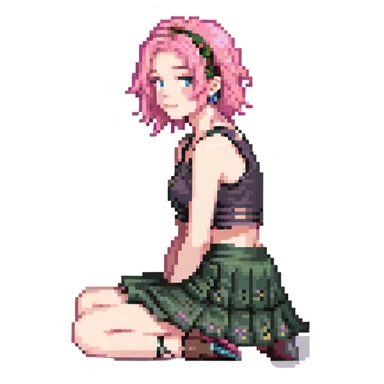 A girl with pink hair, wearing a skirt, sitting sideways on her leg, wearing a crop top, vibrant colors sticker