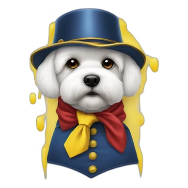 Bichon maltés con casco de obrero amarillo, chaleco rojo, camisa amarilla y corbata azul sticker