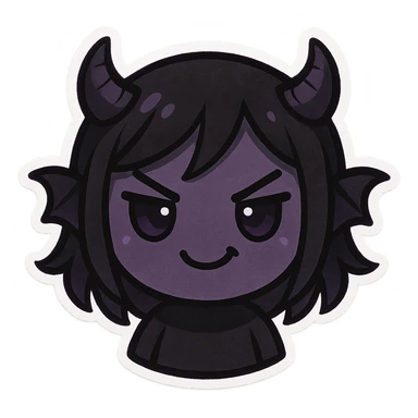devil emoji in chibi style with gothic palette black and purple, tiny horns, cute but mischievous expression sticker