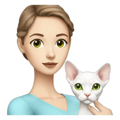 White brunette woman with green eyes and bob hair holding slim white devon rex with light blue eyes sticker