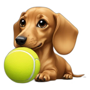 A fawn colored dachshund playing with a tennis ball sticker