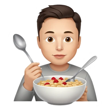 Elon Musk eating a bowl of cereal, man with short dark hair eating cereal from a bowl with a spoon sticker
