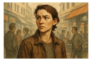 a character looking uncertain at people, but confidently observing the environment around them sticker