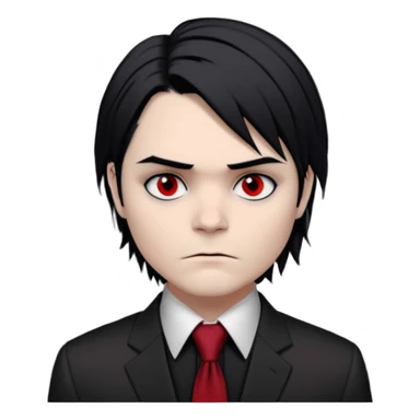Gerard Way (Revenge Era)
Round, simplified emoji style
Pale skin tone dark eyes
-black, shoulder-length hair messy and emo
Heavy eyeliner and shadow under the eyes
Subtle serious face
Hint of red tie visible on black button up shirt.
Transparent background. Black eyeliner. Messy emo hair sticker