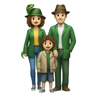 Family, mum with brown bob hair and a PhD hat, dad with brown kind of curly hair, mum holding a girl baby, dad holding a green snake on his shoulder sticker