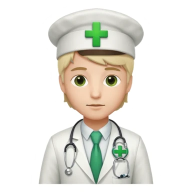 a doctor in white suit with a doctor hat with green cross sticker