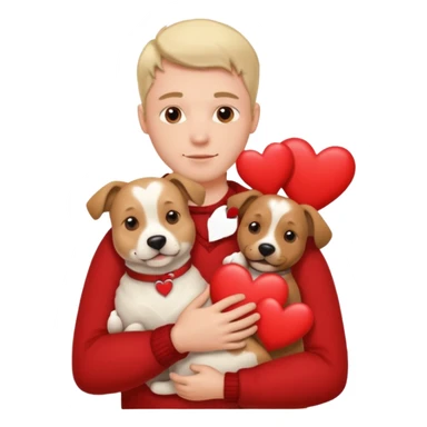 a man hugging a dog with hearts sticker