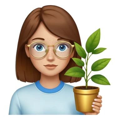 Girl with light skin, brown hair, blue eyes, freckles, and gold glasses holding plant sticker
