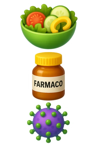 EMOJI STILE IPHONE DI una bowl di insalata, una boccetta di farmaco con la scritta "FARMACO" SULLA BOCCETTA E UN VIRUS, FLUTTUANO IN ARIA UNO SOPRA L'ALTRO, IPERREALISTICO 4K sticker