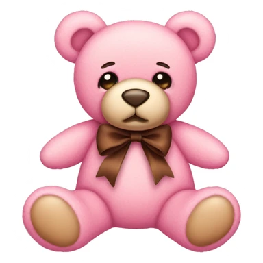 pink teddy bear with brown details and a bow sticker