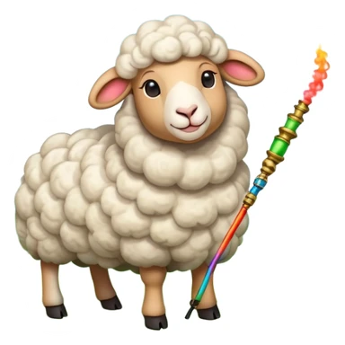 A fluffy sheep with a serene expression, grazing on a lush green meadow, holding a colorful hookah with smoke swirling around, under a bright sunny sky with a few fluffy clouds. sticker