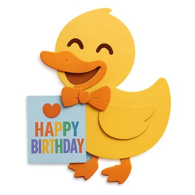 Change the duck to have a laughing face and update the 'Happy Birthday' wording on the card to rainbow colors. Keep all other design elements unchanged sticker