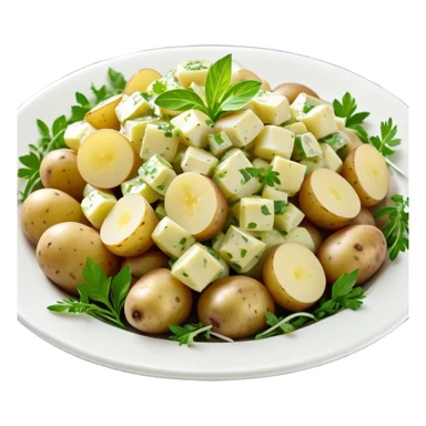 Cinematic Realistic Kartoffelsalat Dish Emoji, showcasing a traditional potato salad with fresh herbs and tangy dressing rendered with lifelike detail and vibrant, natural lighting. sticker