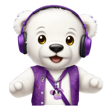 cute white teddy bear wearing a purple Louis Vuitton shirt with purple headphones that has a small cherry symbol  sticker