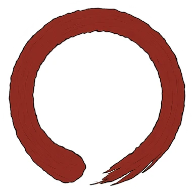 Create an empty circle in Japanese enso style with the same shape and thickness as the reference image. The circle should have rough, torn edges all around the contour, in a rich saturated red color. The inside of the circle should be completely empty and the background transparent. No text or decoration. sticker