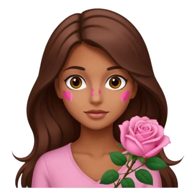 A tanned girl's face waved long brown hair with pink rose sticker