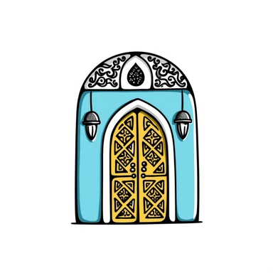doodle of a Tunisian door with ornate patterns, blue and yellow, hand-drawn style sticker