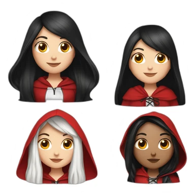 White girl long straight black hair with white streak hair and red ridding hood sticker