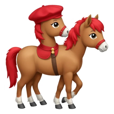 A cute pony (horse) emoji, full body, standing in side view, wearing a stylish red beret. sticker