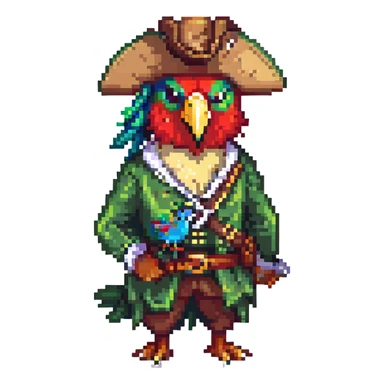 a pirate with a colorful parrot, pixel art style sticker