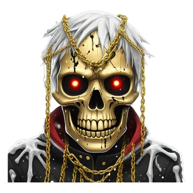 White skeleton zombie person covered in golden chains and black graffiti scribbles and red and silver doodles snowing snowflakes sticker