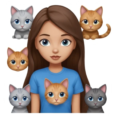 a pretty bratz dusky light skin girl with long brown hair, blue eyes with six cats nd wearing a grey tshirt sticker