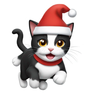 Running black and white cat wearing a Santa hat  sticker