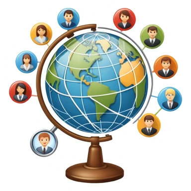An icon featuring a group of people, a network diagram, and a magnifying glass, symbolizing sociology. The design includes a globe and interconnected lines, representing social structures and relationships. Transparent background highlights the study of societies and human behavior. sticker
