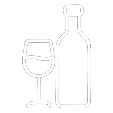 hand-drawn outline icon of a glass of wine and a wine bottle, white color only sticker