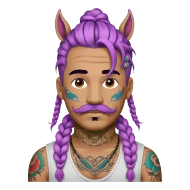 big lose braids starting from the top sides of the head hair like a unicorn man with mustache face wiith big visible loose only two braids and lots and lots of colored face tattoos colored tattoos like a tattoo artist hair unique color sticker