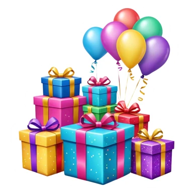 Birthday presents with bows, balloons and glitter paper sticker