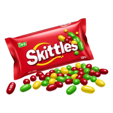 Red Skittles package with logo, the original red Skittles pack design, with only green Skittles candies spilling out sticker