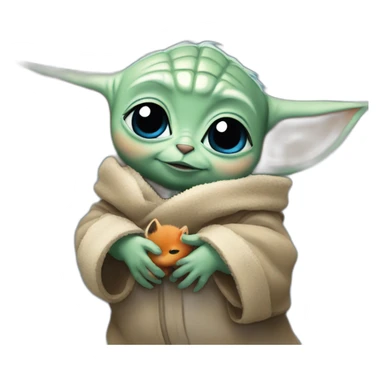 baby Yoda hugging little fox with blue eyes sticker