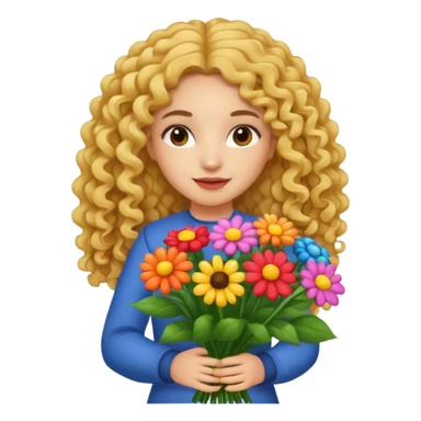 light skinned long curly haired girl holding big bright bunch of flowers. White background. sticker