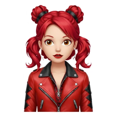 A woman with strikingly long, wavy, vibrant red hair, which is styled with two small buns on top of her head. She is wearing a shiny red leather jacket over a red top with a black patterned trim. She's gagged sticker