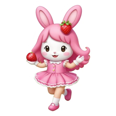 My melody dancing in a meadow of flowers while eating a strawberry sticker