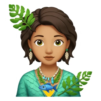 ancient girl wearing fish bone Necklaces and leaf sticker