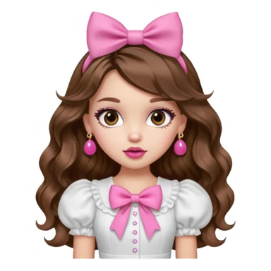 generate a pretty bratz girl in a white puff sleeve top. Pink lipgloss. Brown wavy hair long. Bow pink earrings sticker