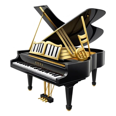 Create an elegant and festive emoji collage representing keyboard instruments, styled like a heraldic emblem. The design should feature a central focal point of black and white piano keys, arranged in a semi-circular or shield-like shape. Around the piano keys, add intertwining musical notes that form flowing ribbons, creating a dynamic and celebratory atmosphere. The design should be professional, with polished silver and gold accents on the keys and notes, highlighting the luxury and sophistication of the instruments. Add subtle shading and lighting effects to give the design a refined, 3D appearance. The background should remain transparent, and the overall feel should evoke grandeur, artistry, and a sense of celebration. sticker