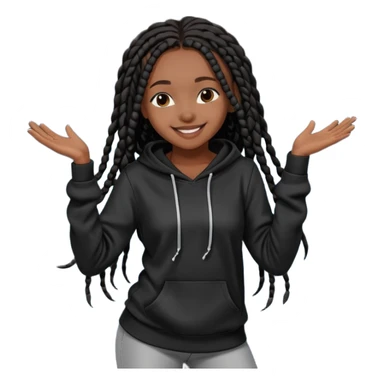 African American girl dark skin complextion long black box braids wearing plain black hoodie dancing sticker