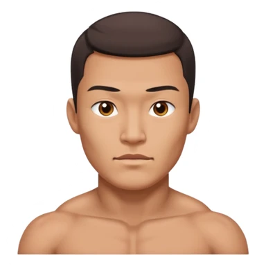 A standing buff shirtless asian guy with a really square jawline. Make his jawline extremely square and exaggerated. Also give him a middle part haircut. Give him a block square head sticker