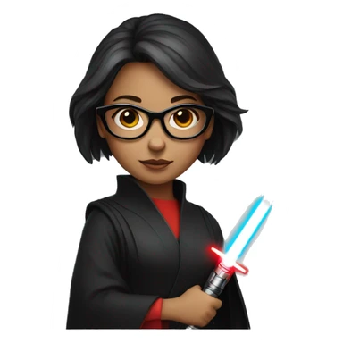 A girl with glasses with a red lightsaber sticker