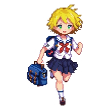 Pixel art anime girl with short bright yellow hair wearing Japanese sailor style school uniform, running energetically with school bag, happy determined expression sticker