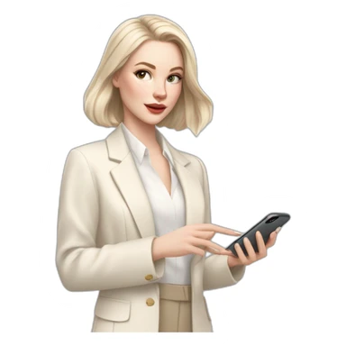 pale skin woman with ash blonde Straightened bob Hair, White Spacious classical jacket, beige palazzo Arrow pants and gray blouse holding white IPhone 15 pro in the hands sticker