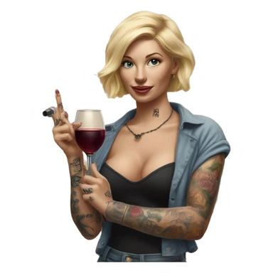 Blonde women in, her body covered with tattoos, wine in her one hand, pointing cat with her other hand, Hyper realistic  sticker