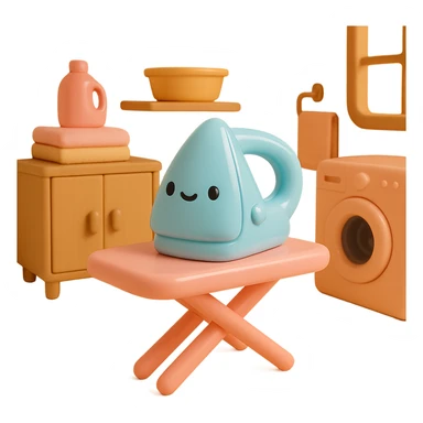 Place the vinyl figure style iron and ironing board in a cozy laundry room scene, with playful details and soft lighting, keeping the vinyl-figure look. sticker