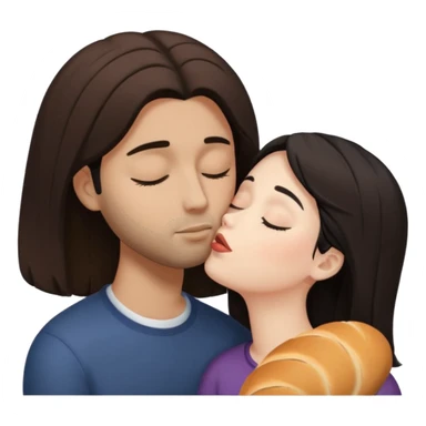 White woman with brown hair with eyes closed kissing forehead of brown man with black hair and a bread with eyes also closed sticker