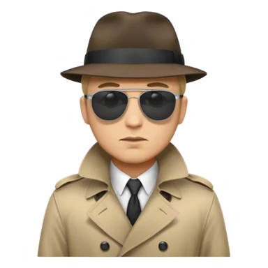 spy wearing sunglasses, a fedora and trench coat.  He is looking menacingly ahead.  sticker