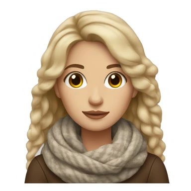 Dark blonde hair woman with brown eyes cozy scarf with coffee sticker