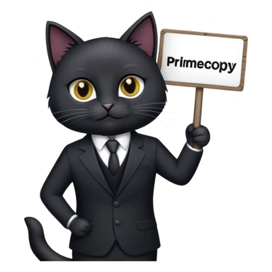 Black Cat in a black business suit holding a sign that says "PrimeCopy" sticker